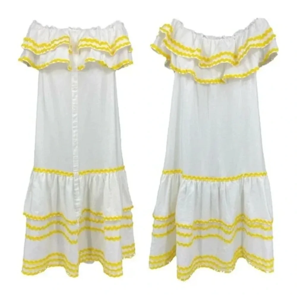 Lisa Marie Fernandez Target Linen Dress XS White Off Shoulder Ric Rac Resort